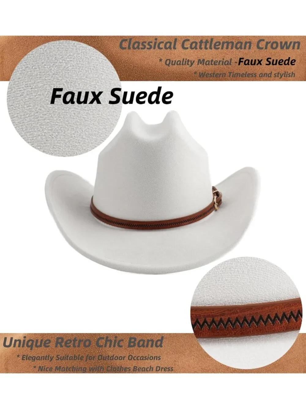 Men's Ivory Faux Suede Wide Brim Western Cowgirl Cowboy Hat